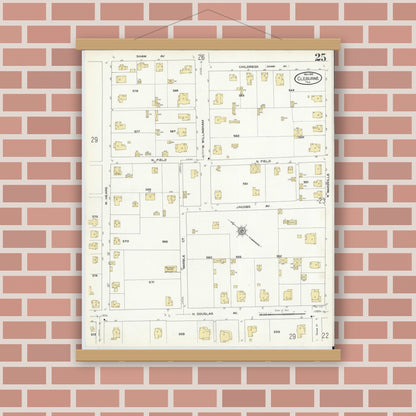 Old map wall art mockup — magnetic wood frame on brick wall — Sanborn Fire Insurance Map from Cleburne, Johnson County, Texas (1910), Sheet #0025