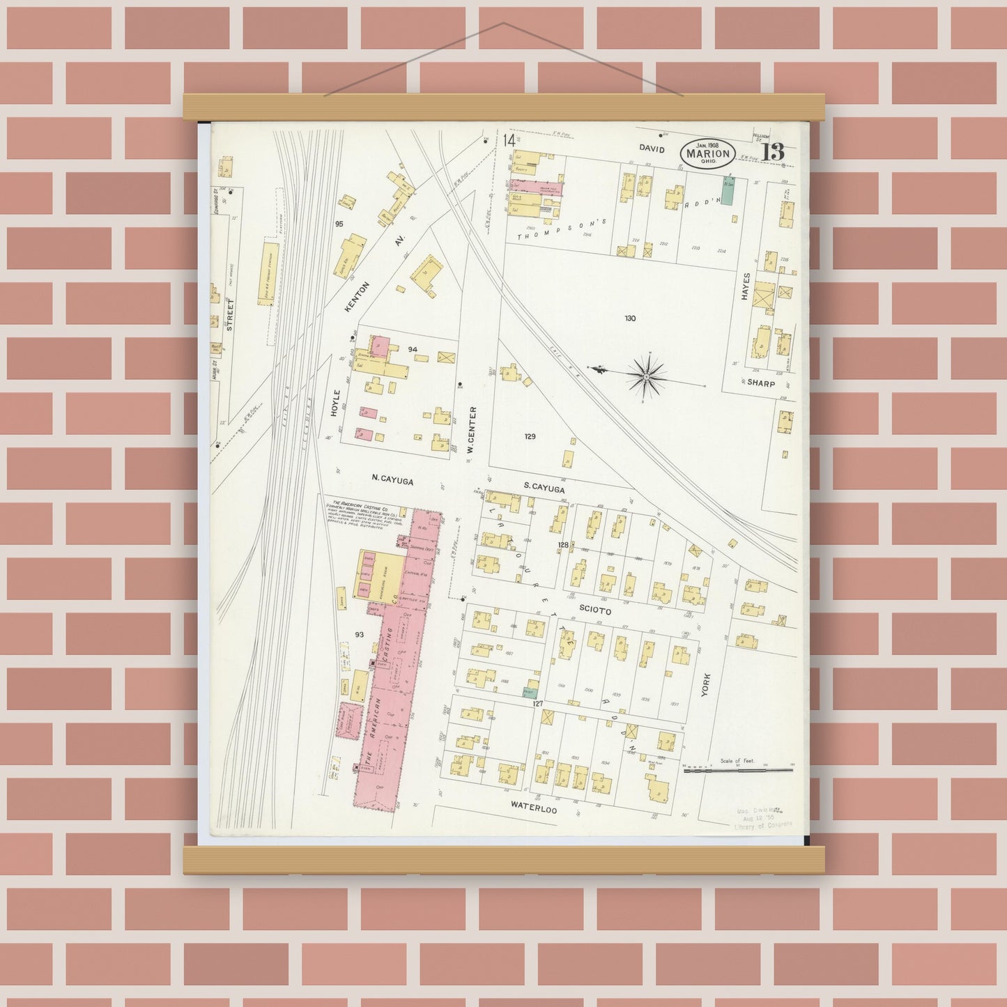 Old map wall art mockup — magnetic wood frame on brick wall — Sanborn Fire Insurance Map from Marion, Marion County, Ohio (1908), Sheet #0013