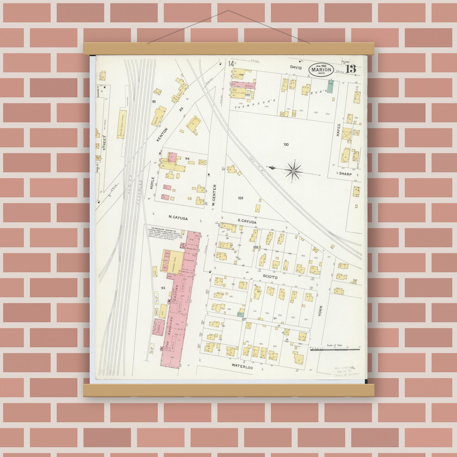 Old map wall art mockup — magnetic wood frame on brick wall — Sanborn Fire Insurance Map from Marion, Marion County, Ohio (1908), Sheet #0013