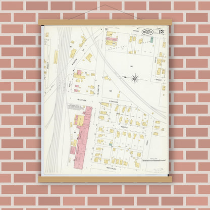 Old map wall art mockup — magnetic wood frame on brick wall — Sanborn Fire Insurance Map from Marion, Marion County, Ohio (1908), Sheet #0013