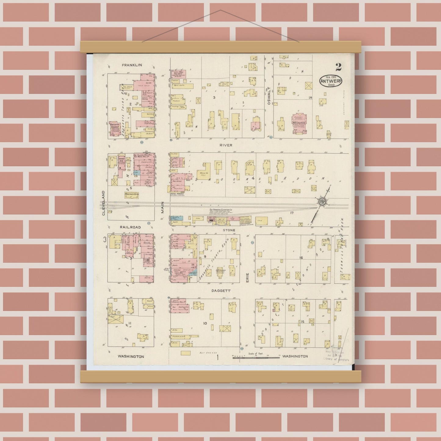 Old map wall art mockup — magnetic wood frame on brick wall — Sanborn Fire Insurance Map from Antwerp, Paulding County, Ohio (1915), Sheet #0002