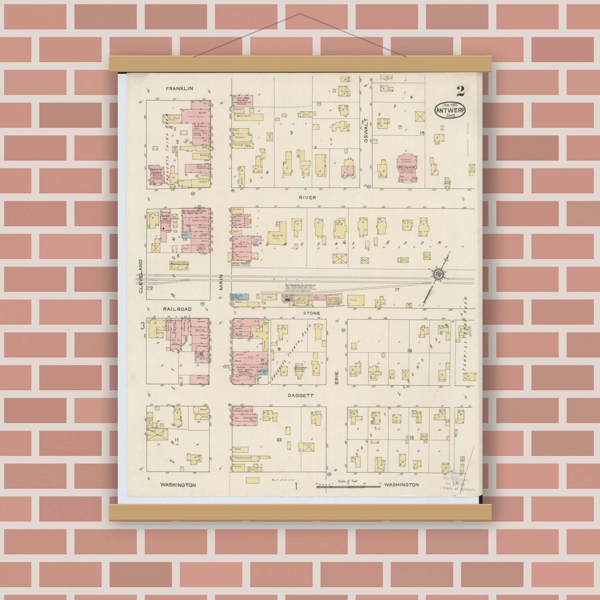 Old map wall art mockup — magnetic wood frame on brick wall — Sanborn Fire Insurance Map from Antwerp, Paulding County, Ohio (1915), Sheet #0002