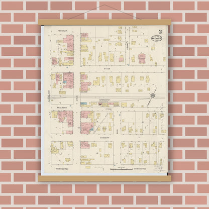 Old map wall art mockup — magnetic wood frame on brick wall — Sanborn Fire Insurance Map from Antwerp, Paulding County, Ohio (1915), Sheet #0002