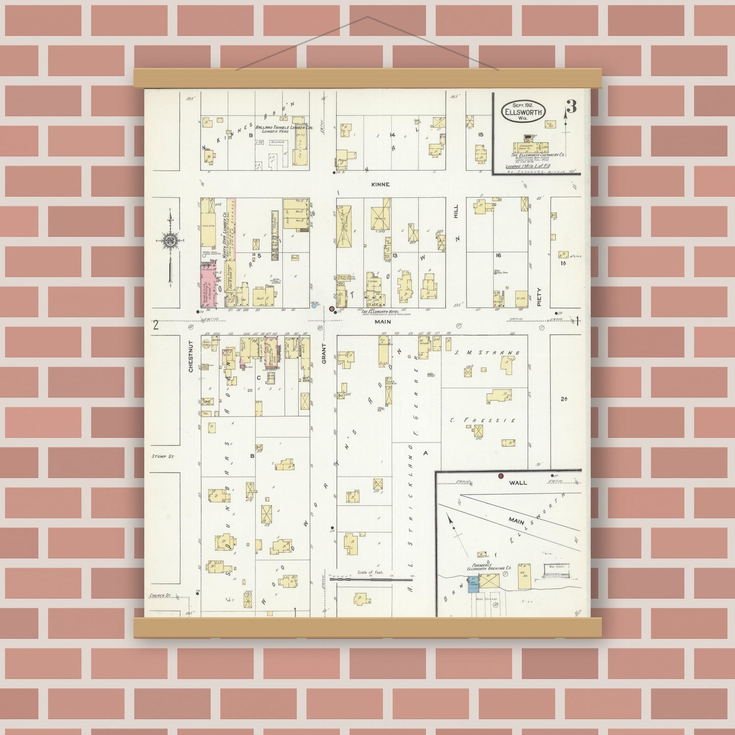 Old map wall art mockup — magnetic wood frame on brick wall — Sanborn Fire Insurance Map from Ellsworth, Pierce County, Wisconsin (1912), Sheet #0003