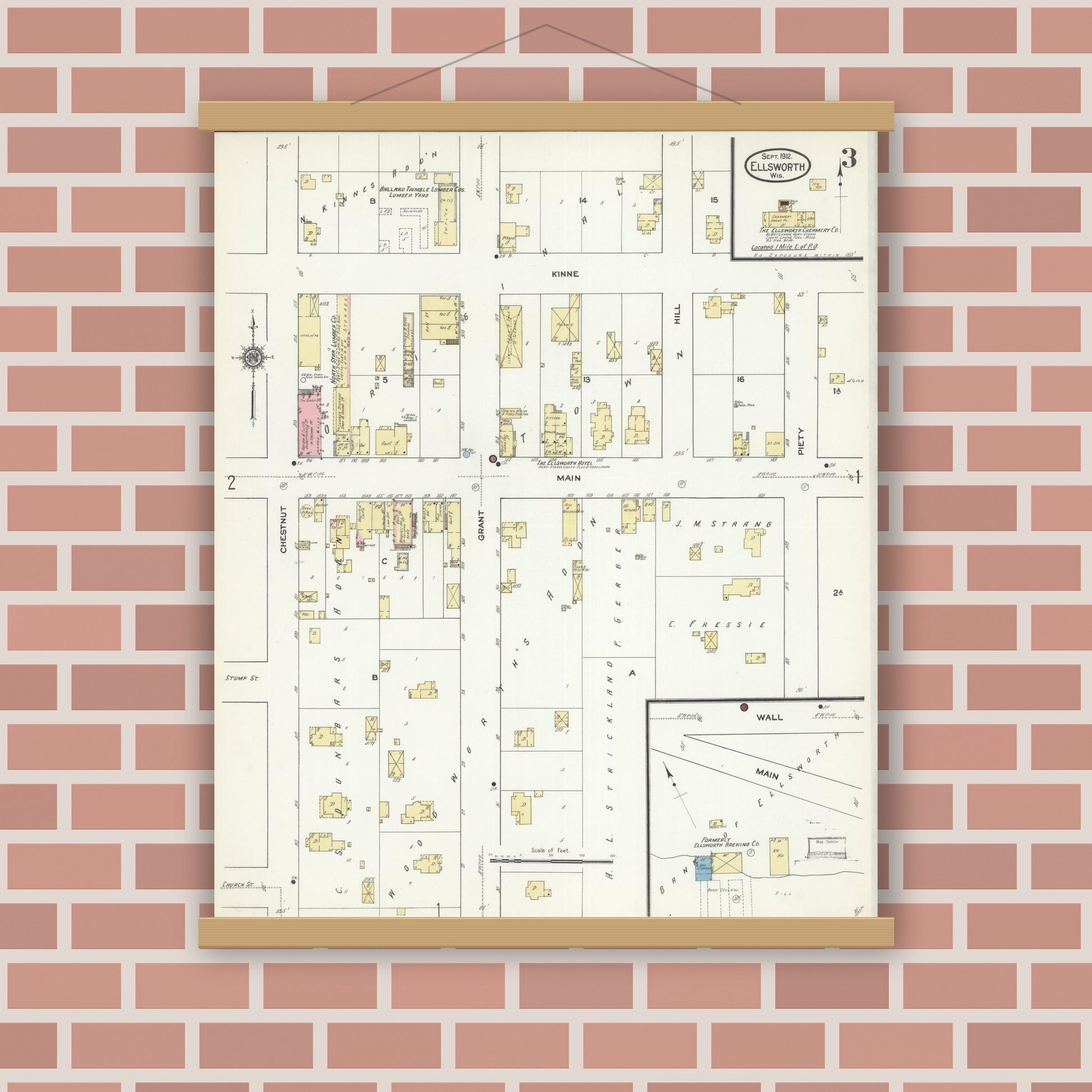 Old map wall art mockup — magnetic wood frame on brick wall — Sanborn Fire Insurance Map from Ellsworth, Pierce County, Wisconsin (1912), Sheet #0003