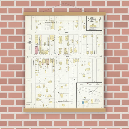 Old map wall art mockup — magnetic wood frame on brick wall — Sanborn Fire Insurance Map from Ellsworth, Pierce County, Wisconsin (1912), Sheet #0003