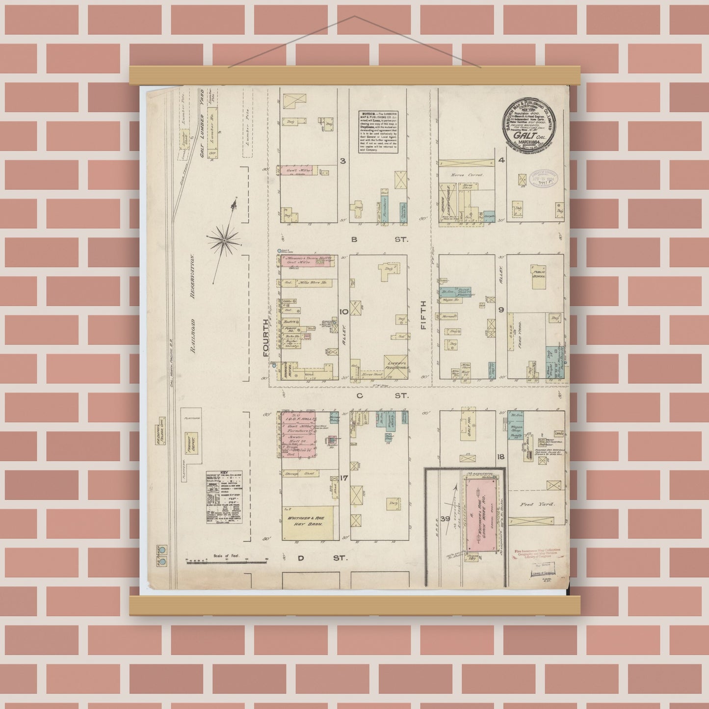 Old map wall art mockup — magnetic wood frame on brick wall — Sanborn Fire Insurance Map from Galt, Sacramento County, California (1884), Sheet #0001