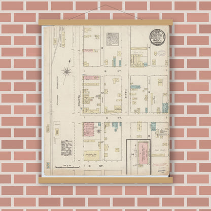 Old map wall art mockup — magnetic wood frame on brick wall — Sanborn Fire Insurance Map from Galt, Sacramento County, California (1884), Sheet #0001