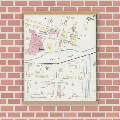 Old map wall art mockup — magnetic wood frame on brick wall — Sanborn Fire Insurance Map from Passaic, Passaic County, New Jersey (1886), Sheet #0001