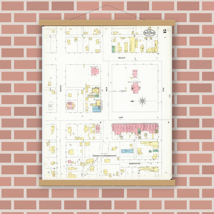 Old map wall art mockup — magnetic wood frame on brick wall — Sanborn Fire Insurance Map from West Union, Fayette County, Iowa (1902), Sheet #0002