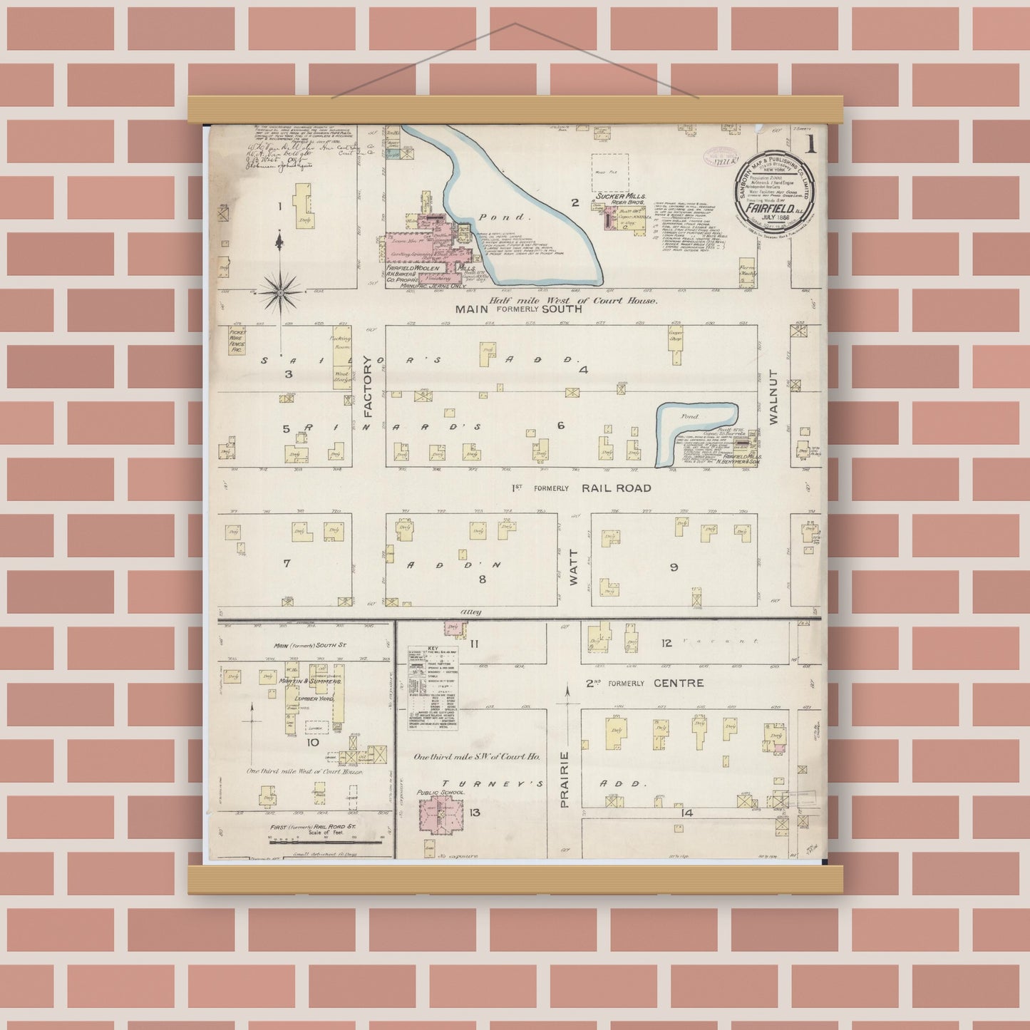Old map wall art mockup — magnetic wood frame on brick wall — Sanborn Fire Insurance Map from Fairfield, Wayne County, Illinois (1886) - Complete Map Set