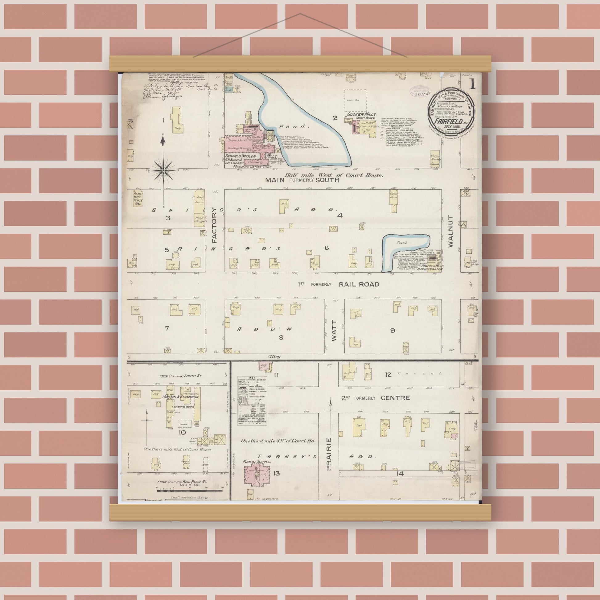 Old map wall art mockup — magnetic wood frame on brick wall — Sanborn Fire Insurance Map from Fairfield, Wayne County, Illinois (1886) - Complete Map Set