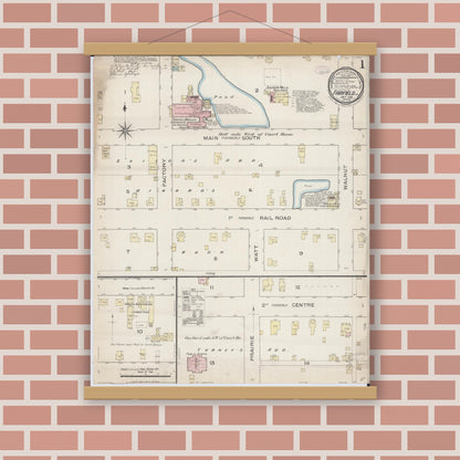 Old map wall art mockup — magnetic wood frame on brick wall — Sanborn Fire Insurance Map from Fairfield, Wayne County, Illinois (1886) - Complete Map Set