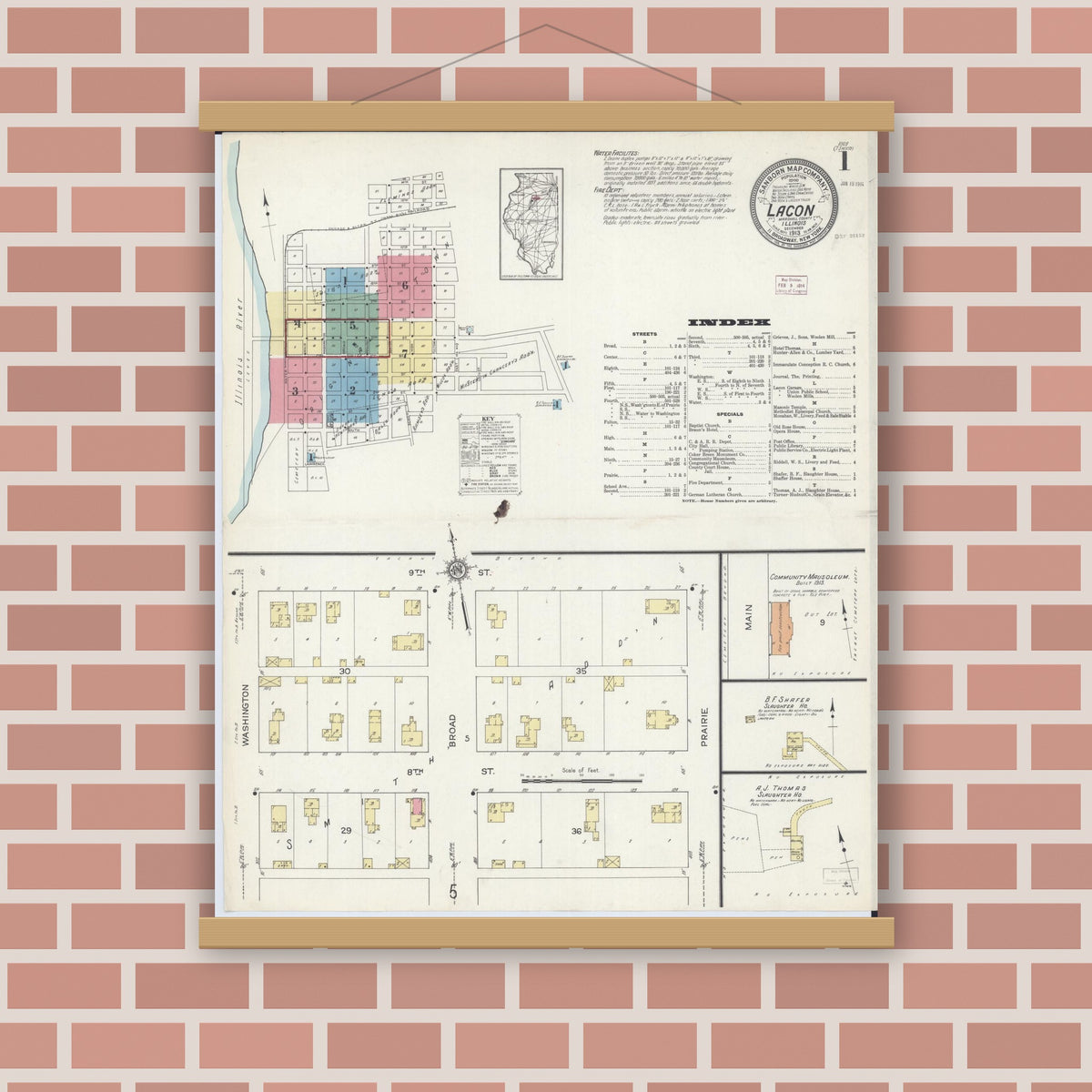 Old map wall art mockup — magnetic wood frame on brick wall — Sanborn Fire Insurance Map from Lacon, Marshall County, Illinois (1913), Sheet #0001