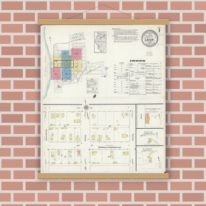 Old map wall art mockup — magnetic wood frame on brick wall — Sanborn Fire Insurance Map from Lacon, Marshall County, Illinois (1913), Sheet #0001