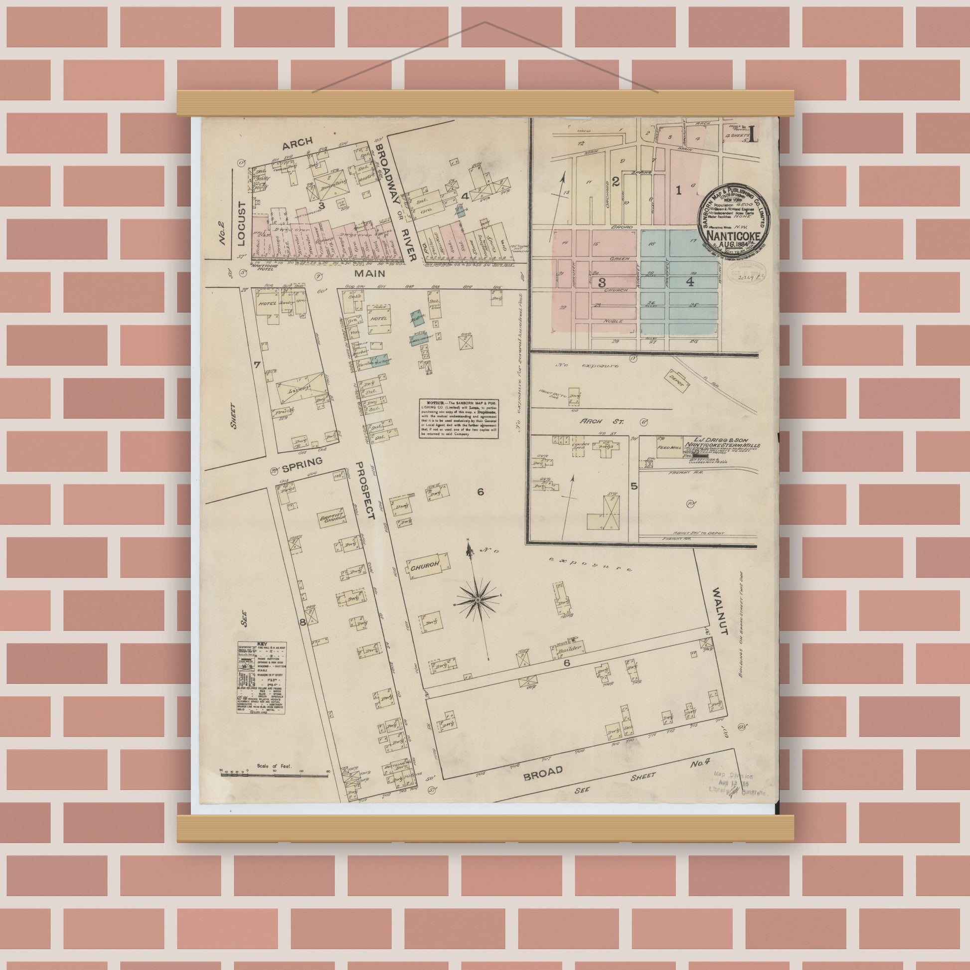 Old map wall art mockup — magnetic wood frame on brick wall — Sanborn Fire Insurance Map from Nanticoke, Luzerne County, Pennsylvania (1884) - Complete Map Set