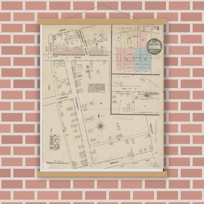 Old map wall art mockup — magnetic wood frame on brick wall — Sanborn Fire Insurance Map from Nanticoke, Luzerne County, Pennsylvania (1884) - Complete Map Set