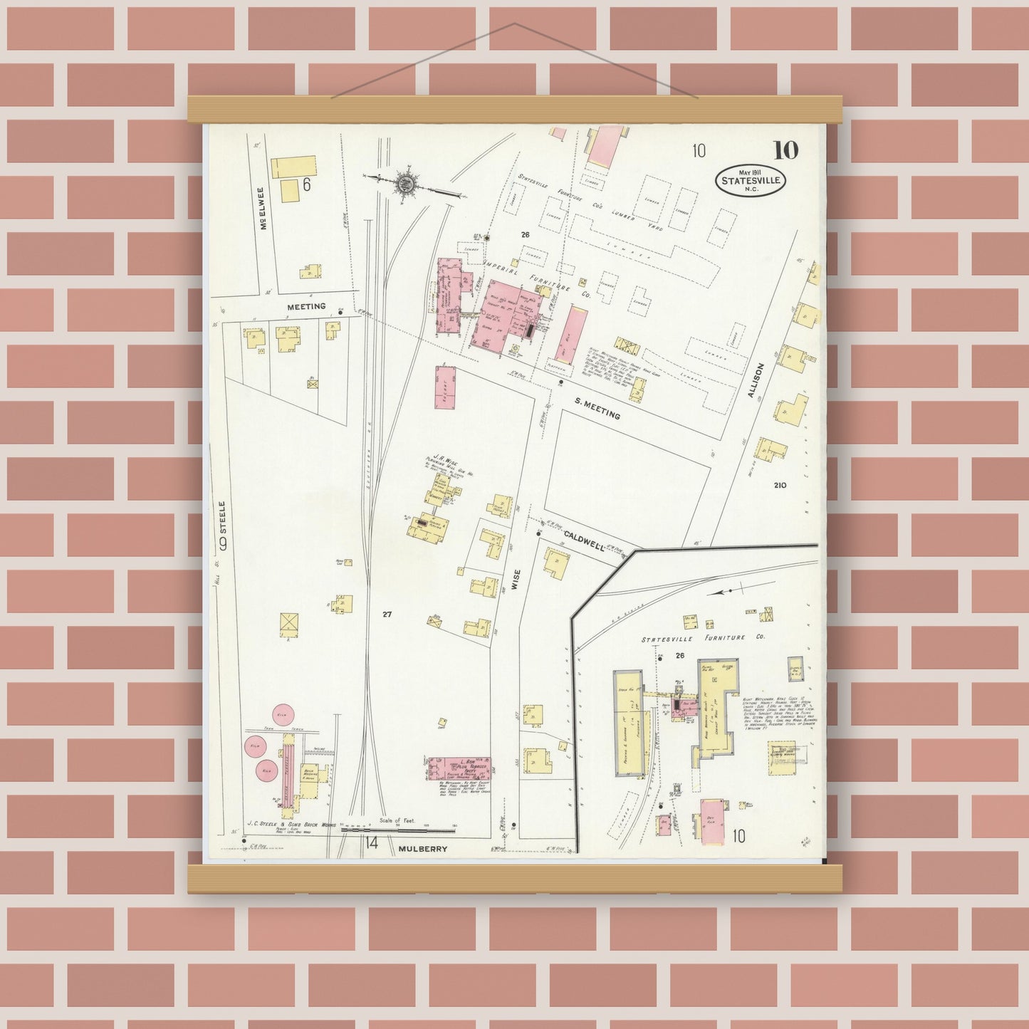 Old map wall art mockup — magnetic wood frame on brick wall — Sanborn Fire Insurance Map from Statesville, Iredell County, North Carolina (1911), Sheet #0010