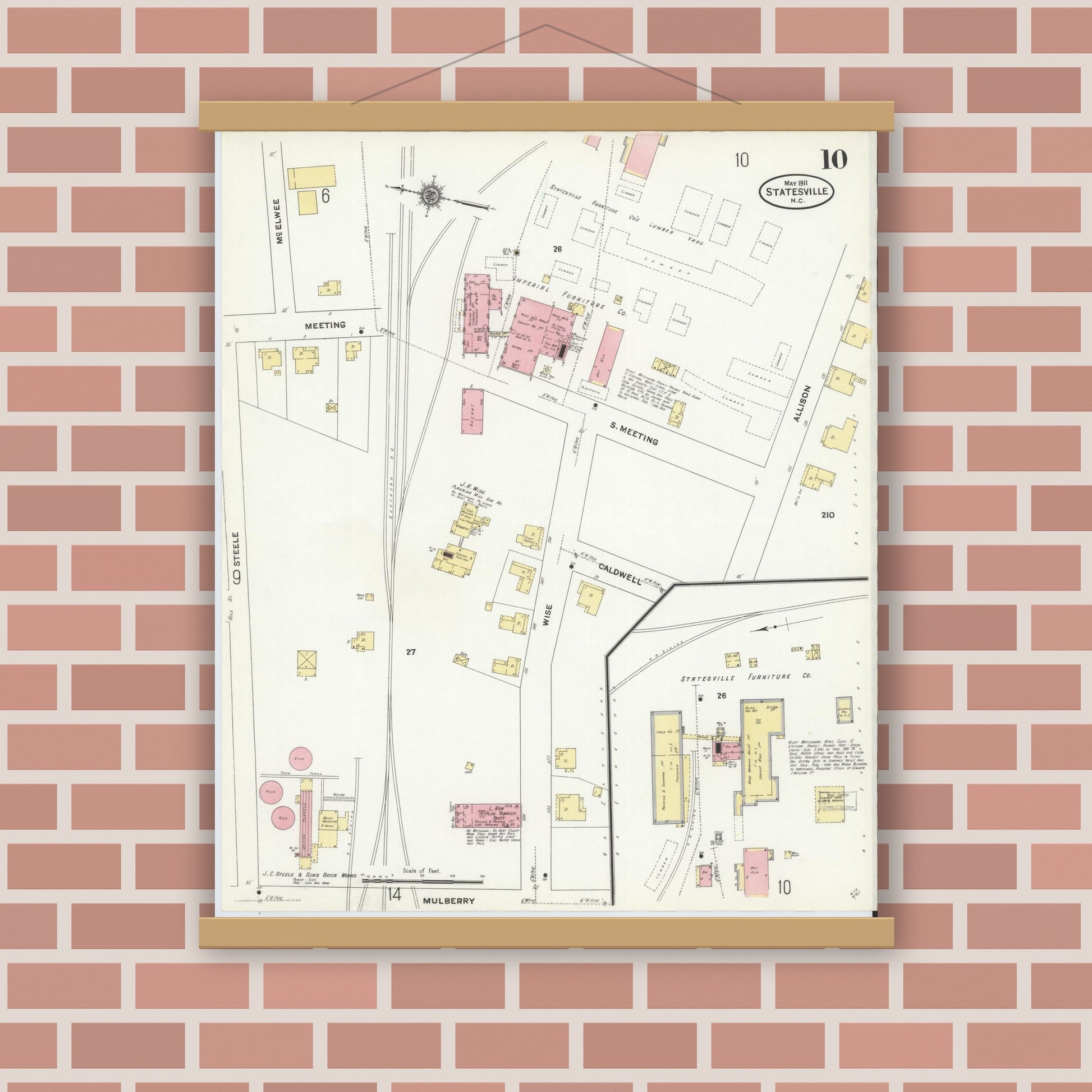 Old map wall art mockup — magnetic wood frame on brick wall — Sanborn Fire Insurance Map from Statesville, Iredell County, North Carolina (1911), Sheet #0010