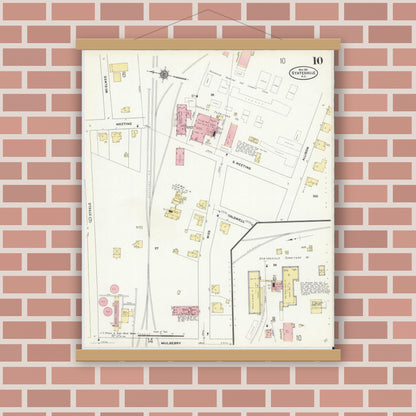 Old map wall art mockup — magnetic wood frame on brick wall — Sanborn Fire Insurance Map from Statesville, Iredell County, North Carolina (1911), Sheet #0010