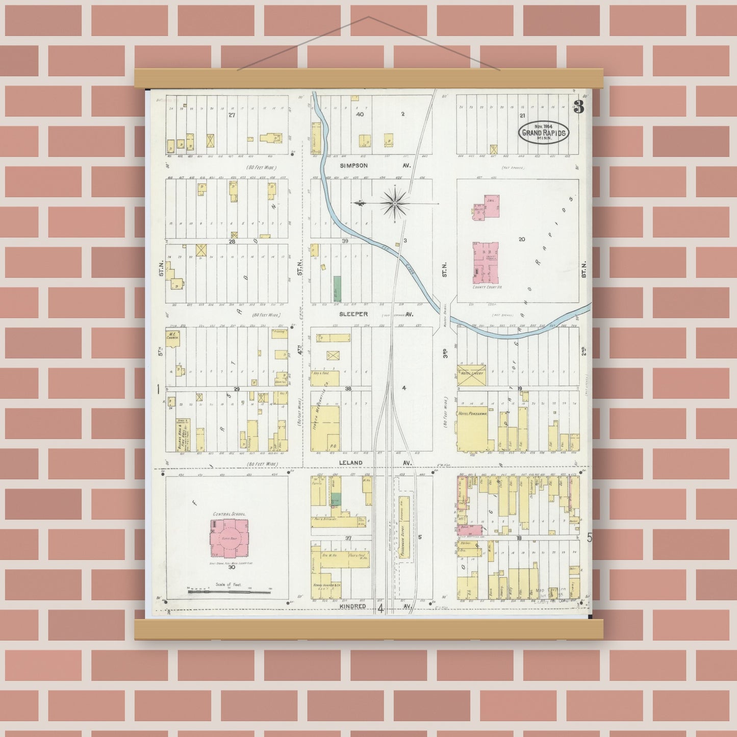 Old map wall art mockup — magnetic wood frame on brick wall — Sanborn Fire Insurance Map from Grand Rapids, Itasca County, Minnesota (1904), Sheet #0003