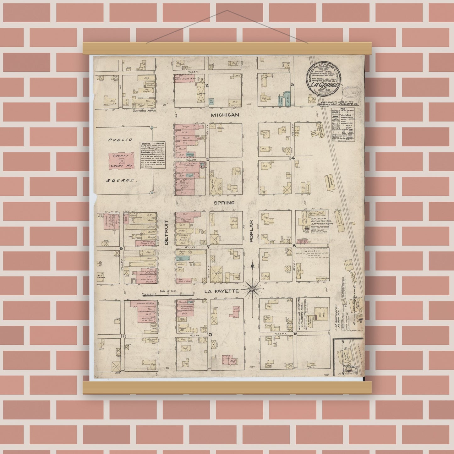 Old map wall art mockup — magnetic wood frame on brick wall — Sanborn Fire Insurance Map from Lagrange, LaGrange County, Indiana (1883), Sheet #0001