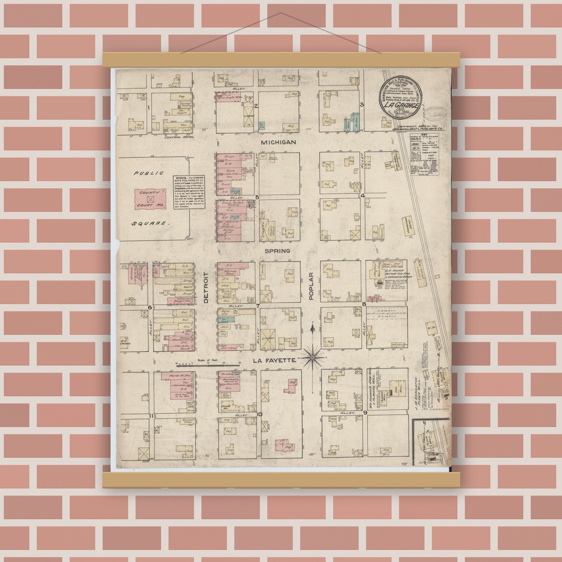 Old map wall art mockup — magnetic wood frame on brick wall — Sanborn Fire Insurance Map from Lagrange, LaGrange County, Indiana (1883), Sheet #0001