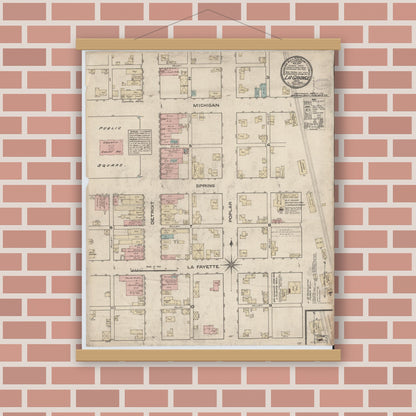 Old map wall art mockup — magnetic wood frame on brick wall — Sanborn Fire Insurance Map from Lagrange, LaGrange County, Indiana (1883), Sheet #0001