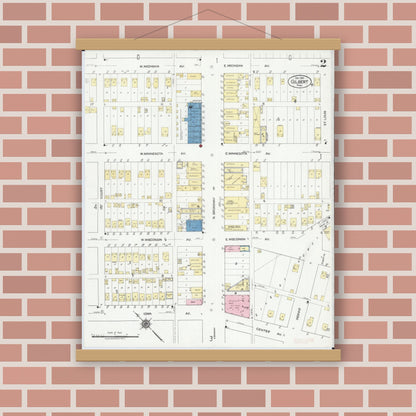Old map wall art mockup — magnetic wood frame on brick wall — Sanborn Fire Insurance Map from Gilbert, Saint Louis County, Minnesota (1921), Sheet #0002