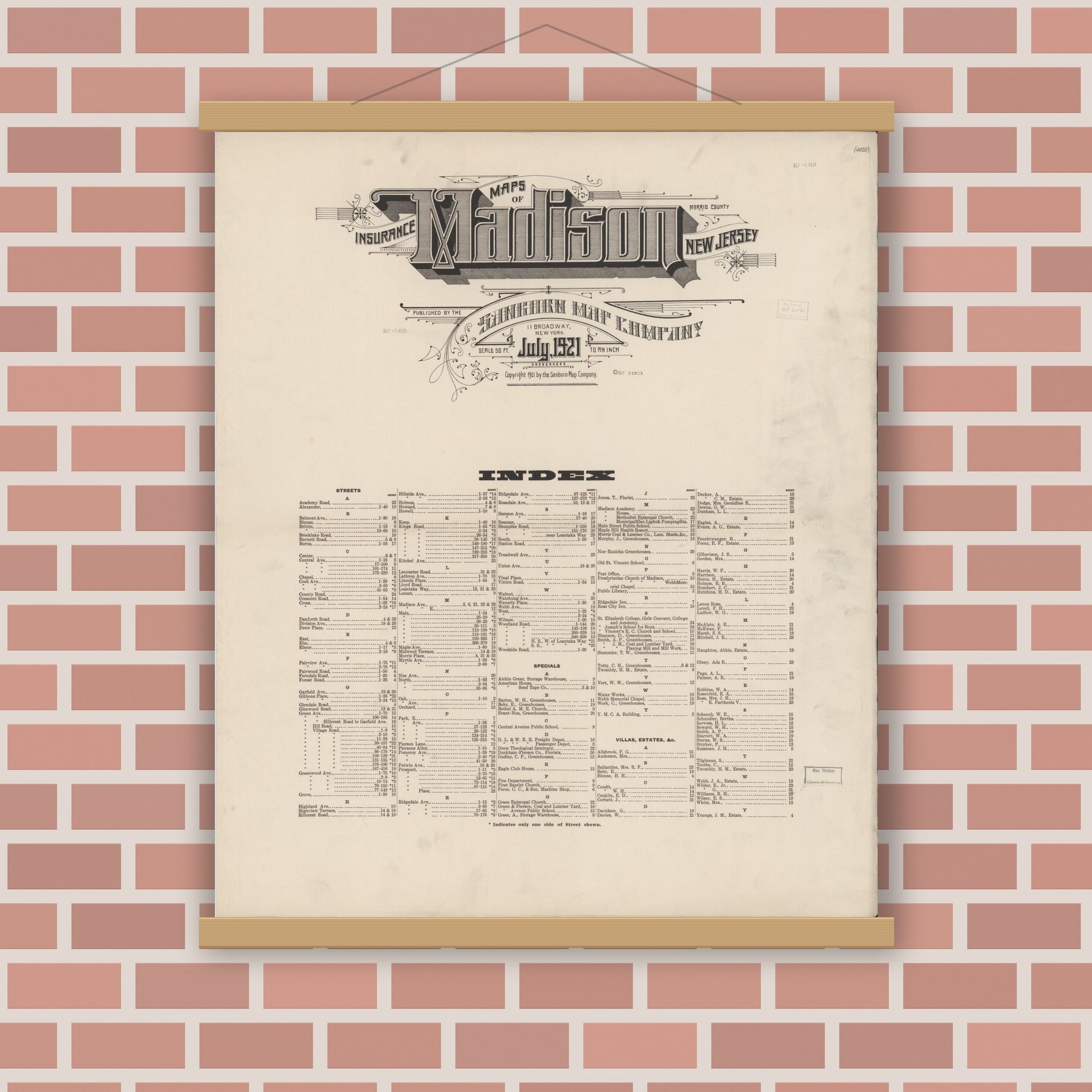 Old map wall art mockup — magnetic wood frame on brick wall — Sanborn Fire Insurance Map from Madison, Morris County, New Jersey (1921), Sheet #0001