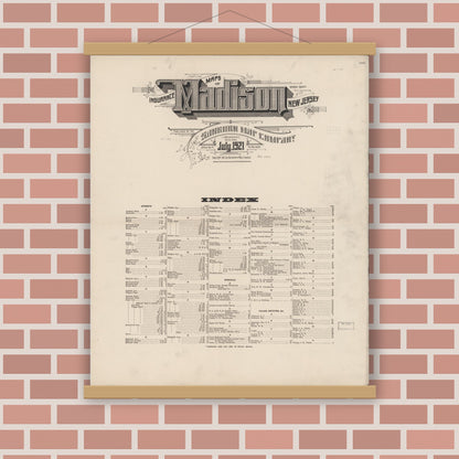 Old map wall art mockup — magnetic wood frame on brick wall — Sanborn Fire Insurance Map from Madison, Morris County, New Jersey (1921), Sheet #0001