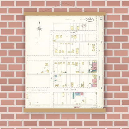 Old map wall art mockup — magnetic wood frame on brick wall — Sanborn Fire Insurance Map from Covina, Los Angeles County, California (1899), Sheet #0002