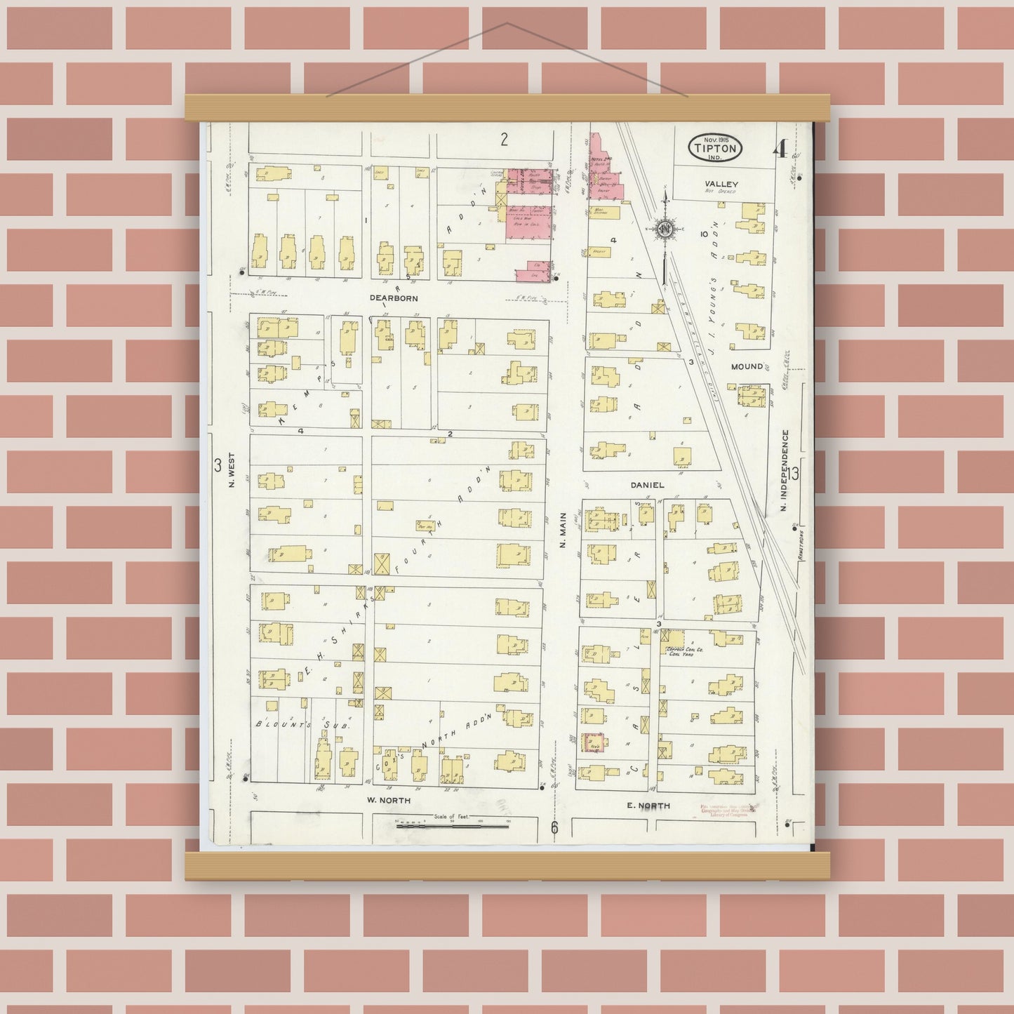 Old map wall art mockup — magnetic wood frame on brick wall — Sanborn Fire Insurance Map from Tipton, Tipton County, Indiana (1915), Sheet #0004