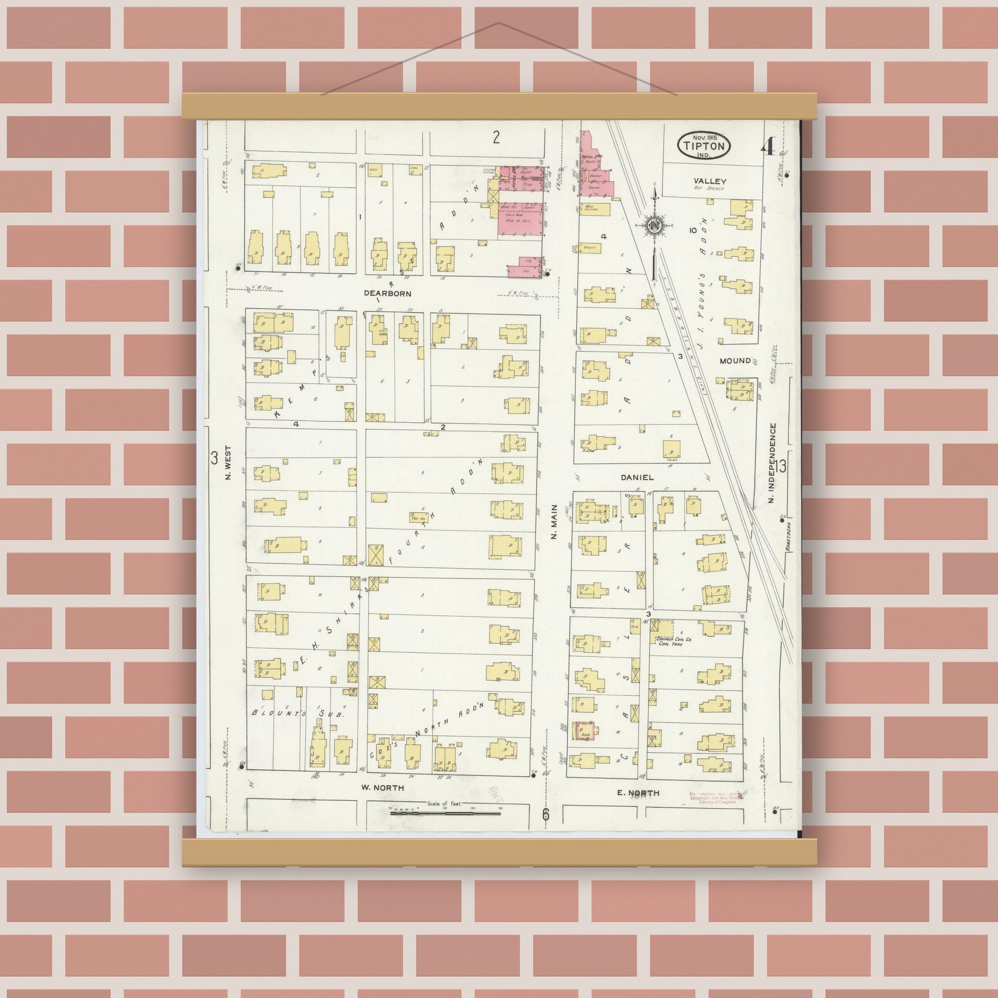 Old map wall art mockup — magnetic wood frame on brick wall — Sanborn Fire Insurance Map from Tipton, Tipton County, Indiana (1915), Sheet #0004
