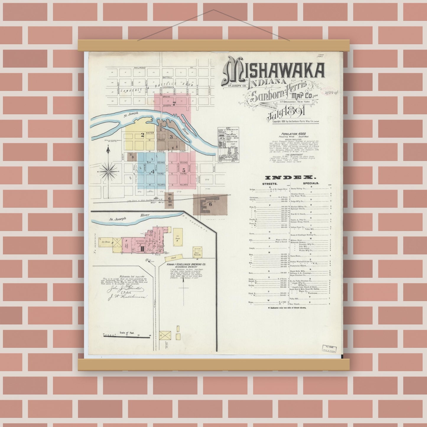 Old map wall art mockup — magnetic wood frame on brick wall — Sanborn Fire Insurance Map from Mishawaka, Saint Joseph County, Indiana (1891) - Complete Map Set