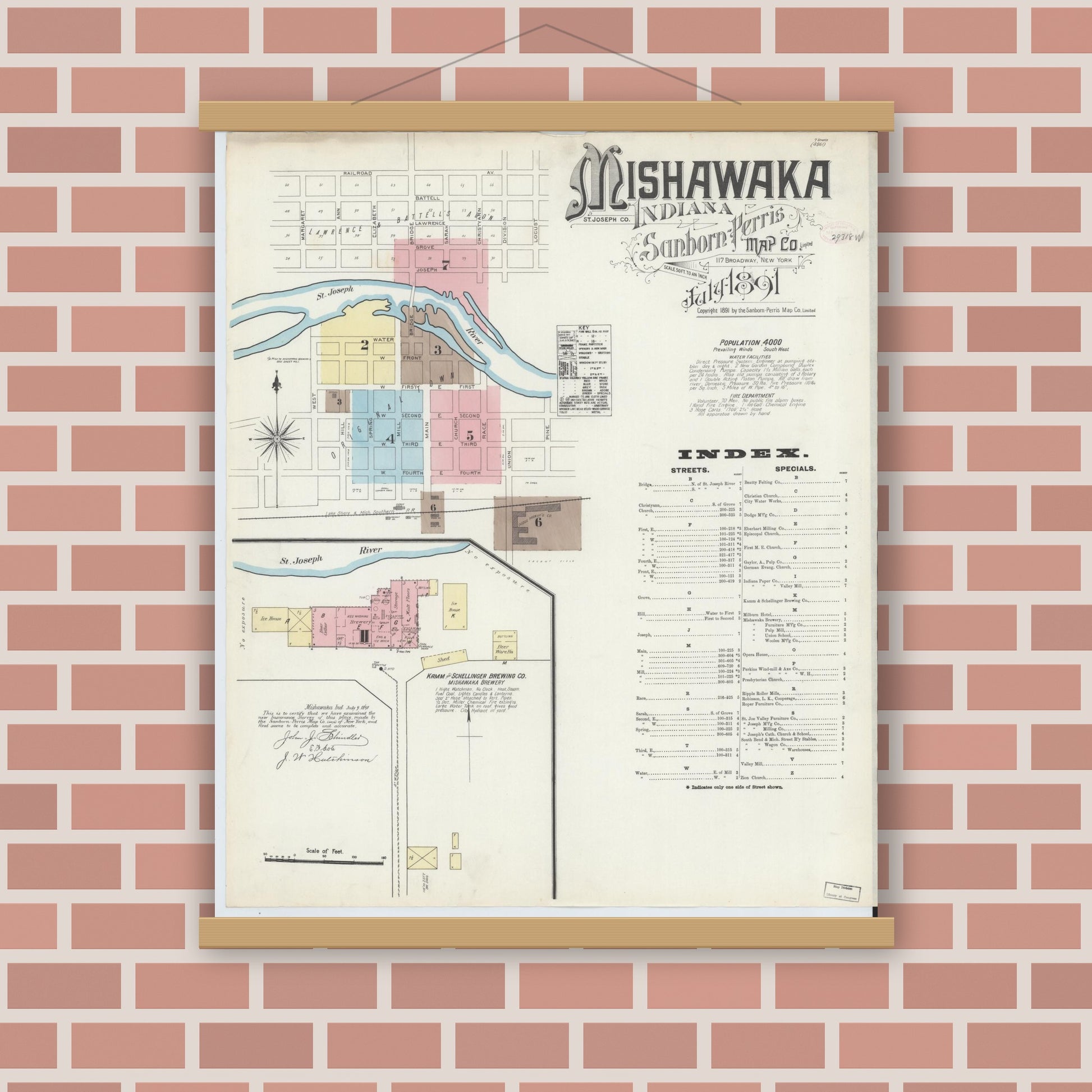 Old map wall art mockup — magnetic wood frame on brick wall — Sanborn Fire Insurance Map from Mishawaka, Saint Joseph County, Indiana (1891) - Complete Map Set