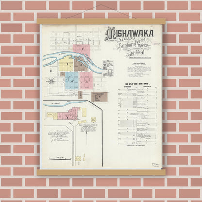 Old map wall art mockup — magnetic wood frame on brick wall — Sanborn Fire Insurance Map from Mishawaka, Saint Joseph County, Indiana (1891) - Complete Map Set