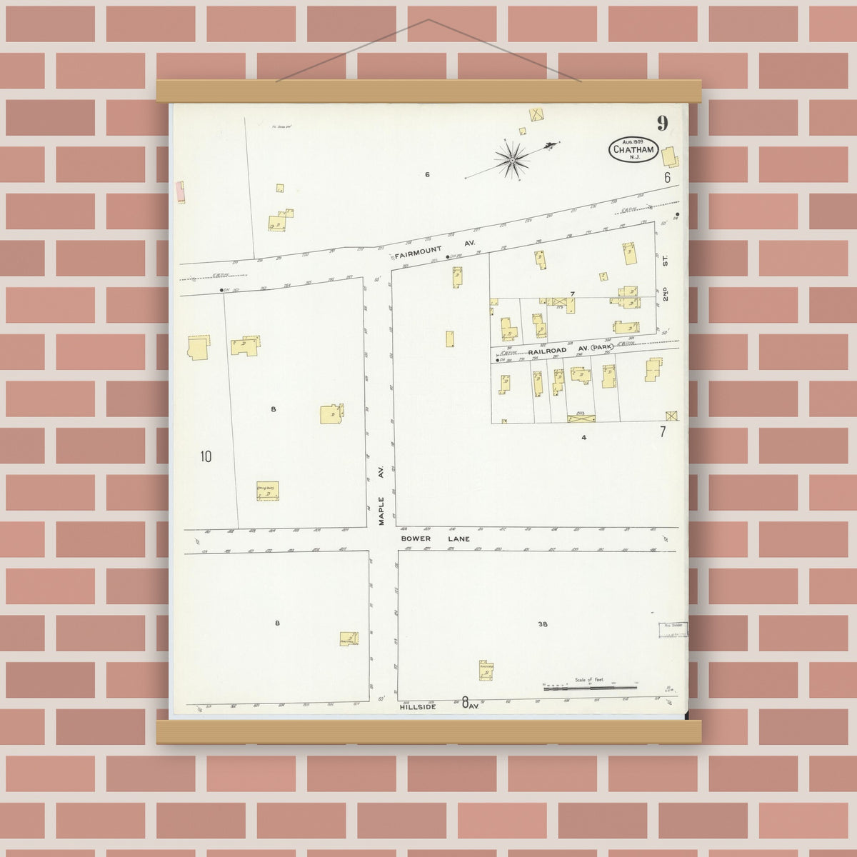Old map wall art mockup — magnetic wood frame on brick wall — Sanborn Fire Insurance Map from Chatham, Morris County, New Jersey (1909), Sheet #0009