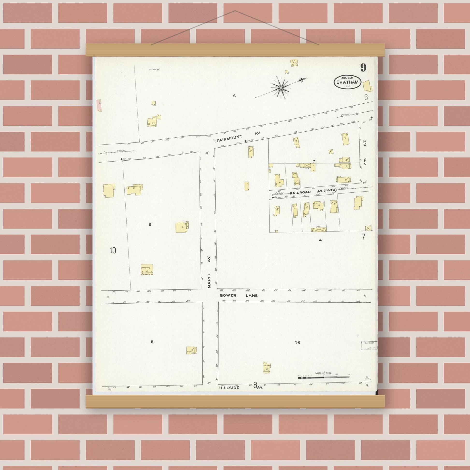 Old map wall art mockup — magnetic wood frame on brick wall — Sanborn Fire Insurance Map from Chatham, Morris County, New Jersey (1909), Sheet #0009
