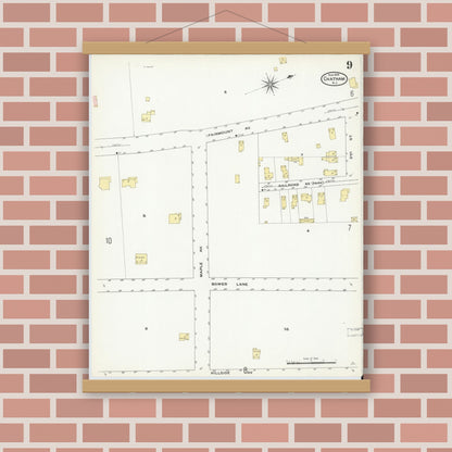 Old map wall art mockup — magnetic wood frame on brick wall — Sanborn Fire Insurance Map from Chatham, Morris County, New Jersey (1909), Sheet #0009