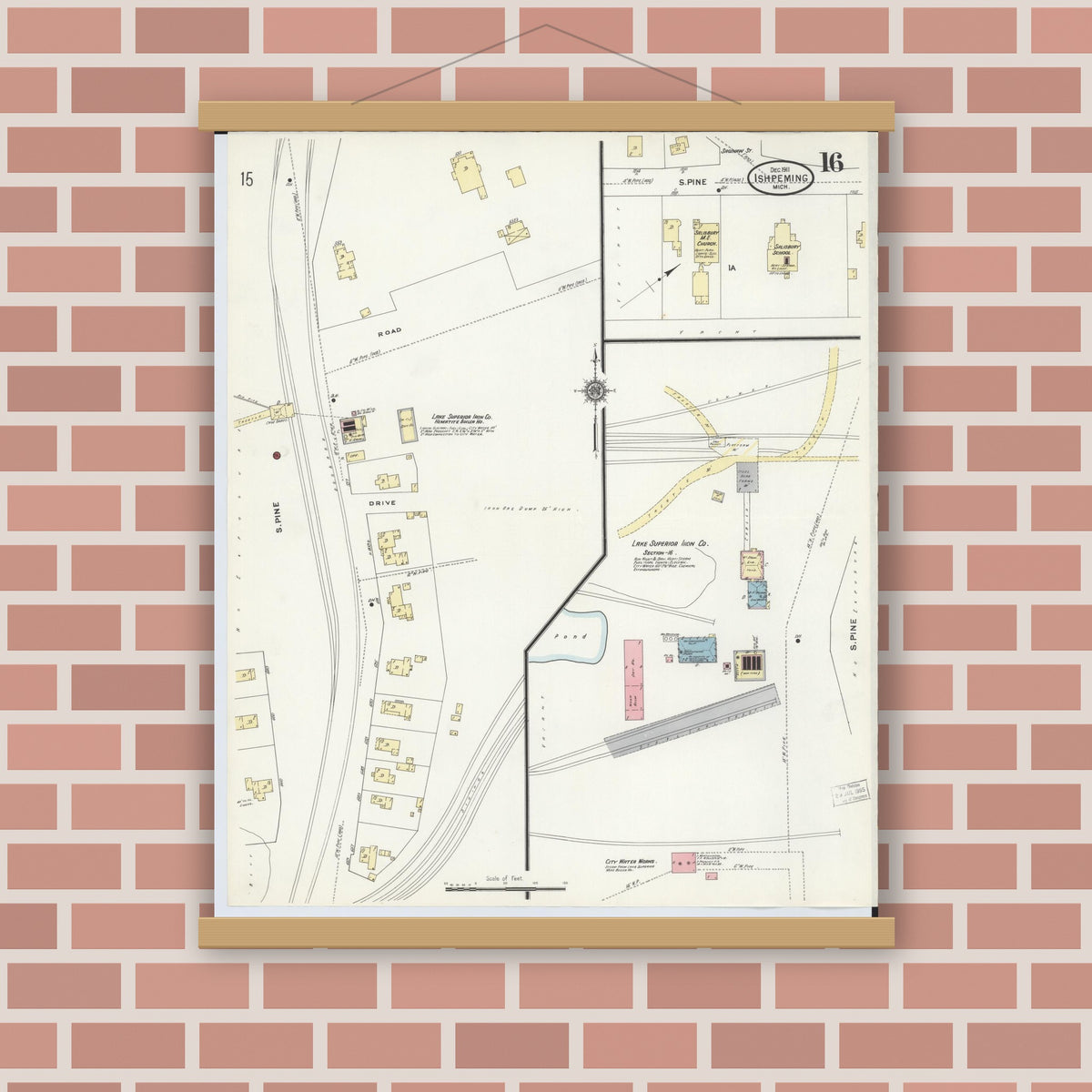 Old map wall art mockup — magnetic wood frame on brick wall — Sanborn Fire Insurance Map from Ishpeming, Marquette County, Michigan (1911), Sheet #0016