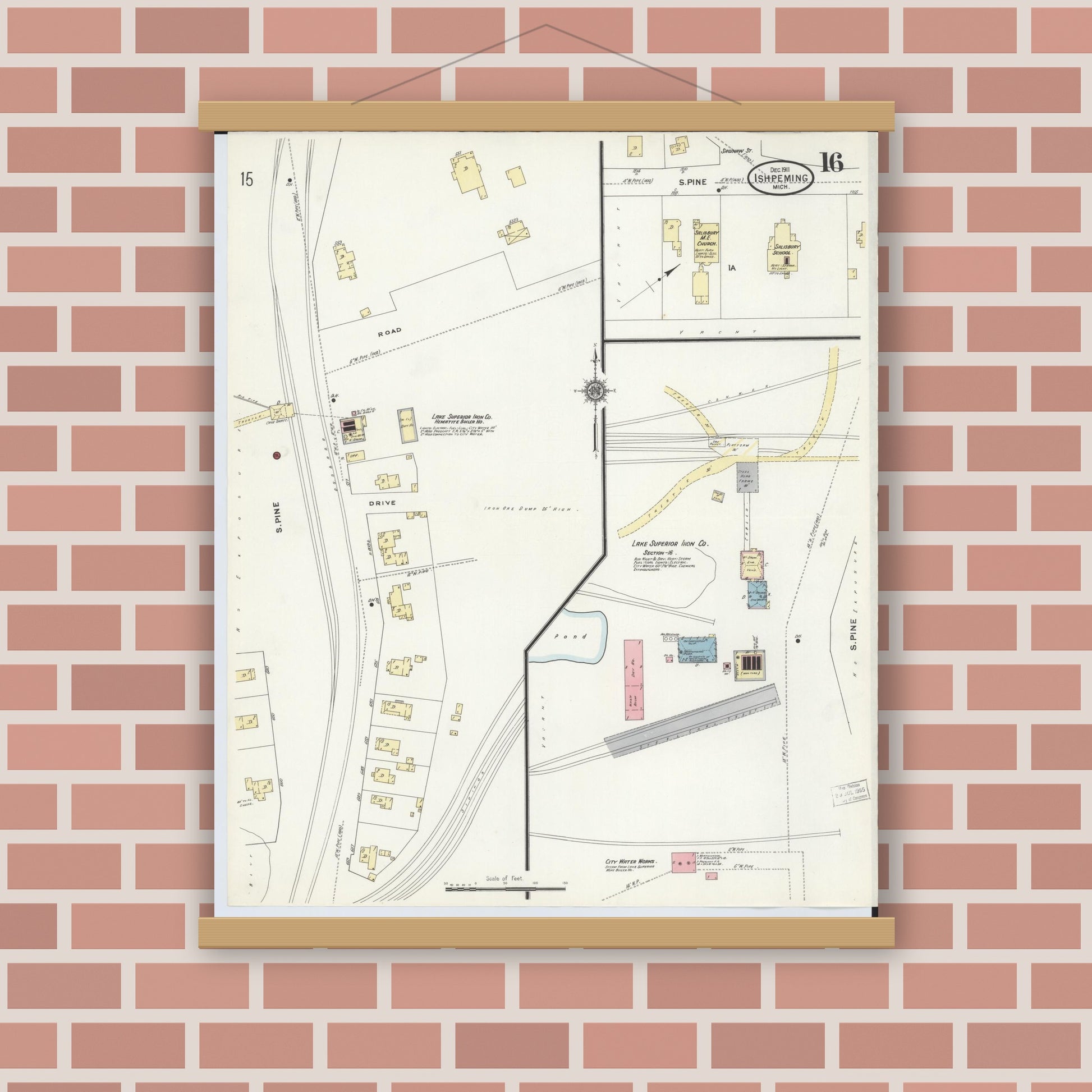 Old map wall art mockup — magnetic wood frame on brick wall — Sanborn Fire Insurance Map from Ishpeming, Marquette County, Michigan (1911), Sheet #0016