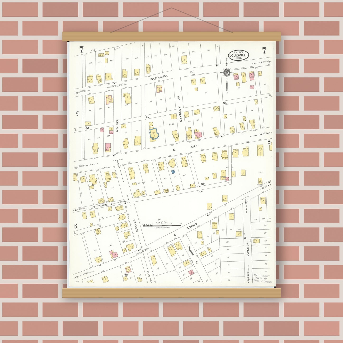Old map wall art mockup — magnetic wood frame on brick wall — Sanborn Fire Insurance Map from Louisville, Stark County, Ohio (1923), Sheet #0007
