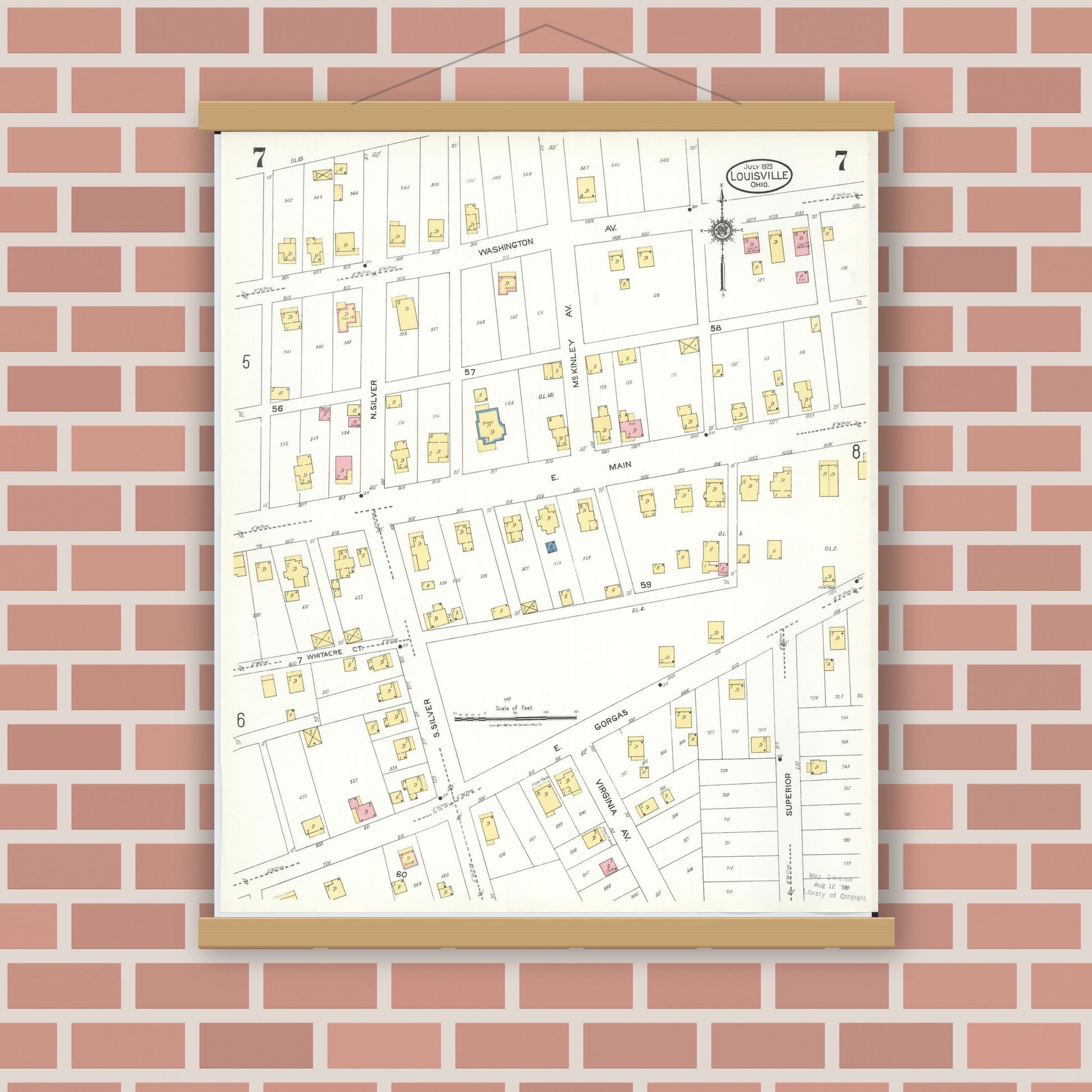 Old map wall art mockup — magnetic wood frame on brick wall — Sanborn Fire Insurance Map from Louisville, Stark County, Ohio (1923), Sheet #0007