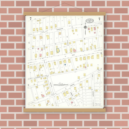 Old map wall art mockup — magnetic wood frame on brick wall — Sanborn Fire Insurance Map from Louisville, Stark County, Ohio (1923), Sheet #0007