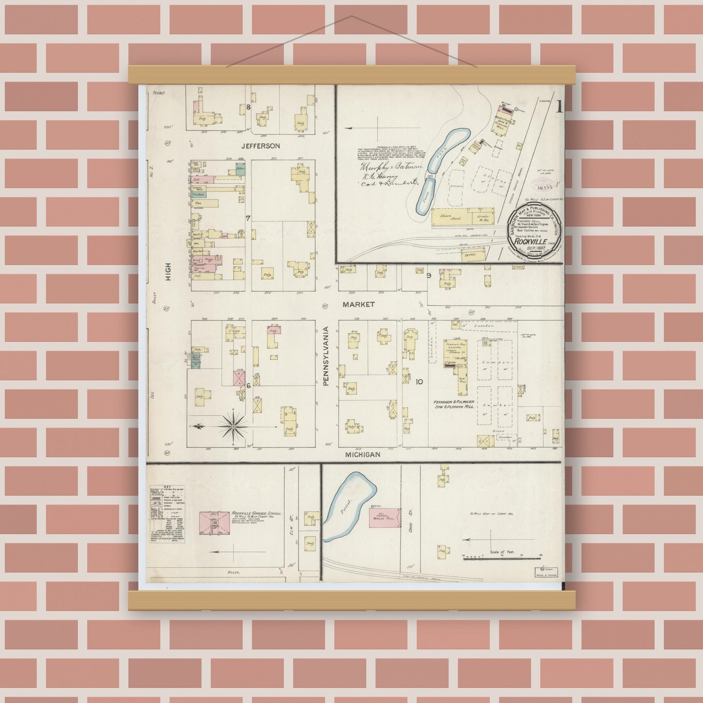 Old map wall art mockup — magnetic wood frame on brick wall — Sanborn Fire Insurance Map from Rockville, Parke County, Indiana (1887) - Complete Map Set