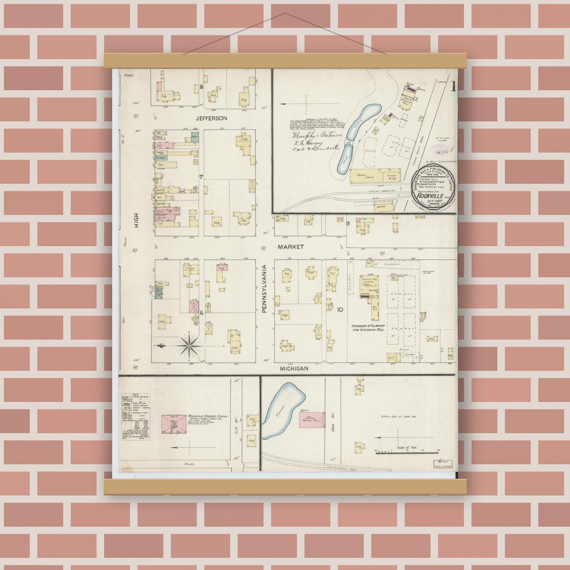 Old map wall art mockup — magnetic wood frame on brick wall — Sanborn Fire Insurance Map from Rockville, Parke County, Indiana (1887) - Complete Map Set