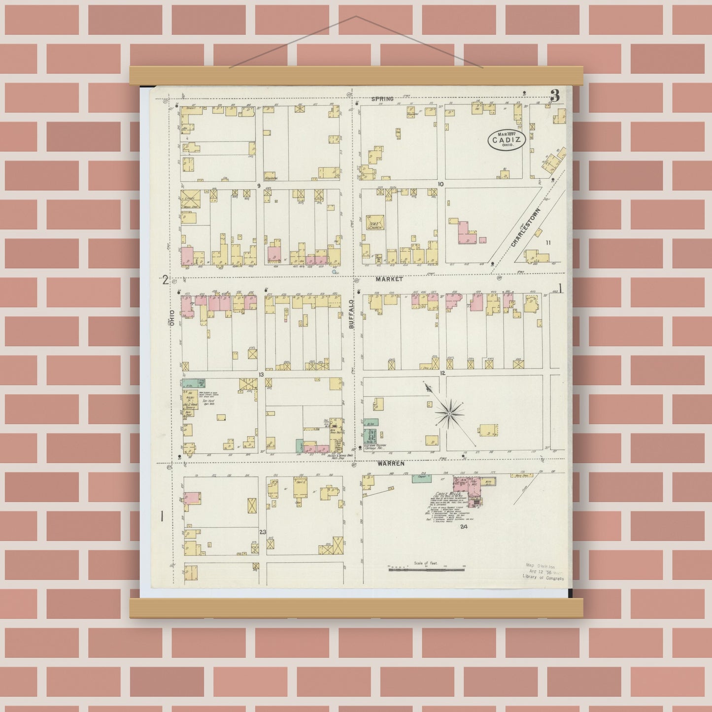 Old map wall art mockup — magnetic wood frame on brick wall — Sanborn Fire Insurance Map from Cadiz, Harrison County, Ohio (1897), Sheet #0003