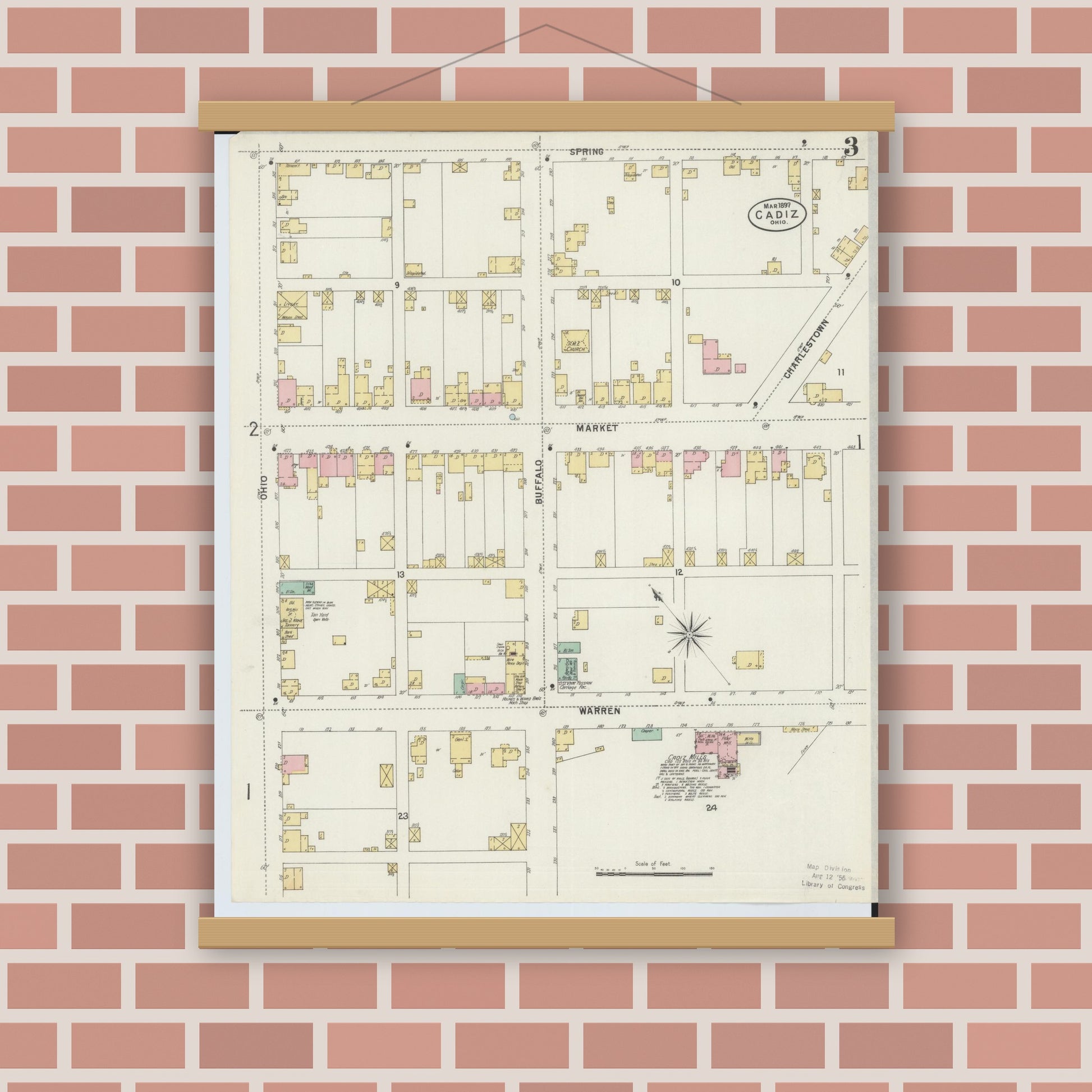 Old map wall art mockup — magnetic wood frame on brick wall — Sanborn Fire Insurance Map from Cadiz, Harrison County, Ohio (1897), Sheet #0003