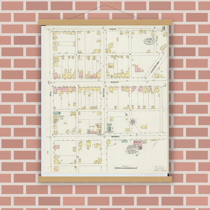 Old map wall art mockup — magnetic wood frame on brick wall — Sanborn Fire Insurance Map from Cadiz, Harrison County, Ohio (1897), Sheet #0003